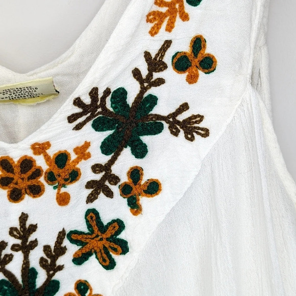 Vintage White Flowy Vacation Hippie Sleeveless Floral Embroidered Dress One Size - Picture 6 of 9